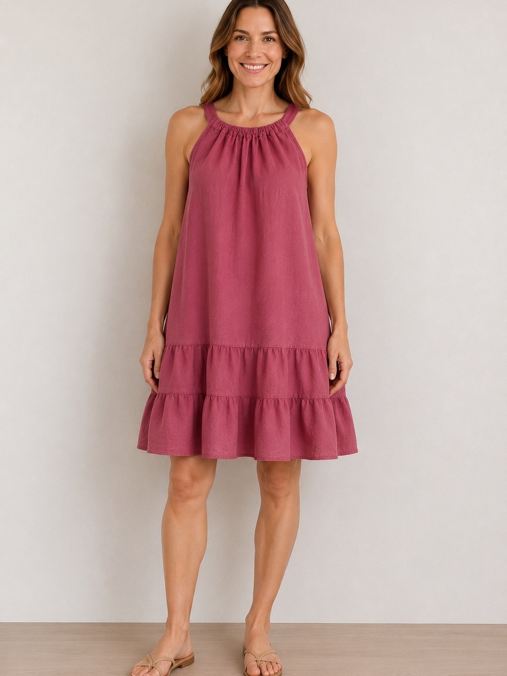 Bellambra 100% Linen Dress Size L Dusty Rose Sleeveless Tie Neck Tiered Hem